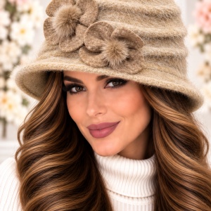 Pălărie Damă Elegantă Reglabilă – Model cu Flori Decorative, bej-maro