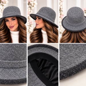 Pălărie Damă Elegantă Reglabilă din Lână, nuanta de Gri-Negru - Img 2