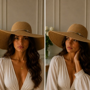 Pălărie de Damă Bej cu Boruri Largi și Detalii Elegante – Accesoriu Chic pentru Vară, - Img 2