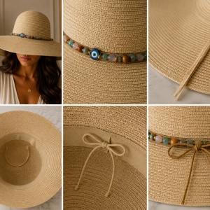 Pălărie de Damă Crem Deschis cu Boruri Largi și Detalii Elegante – Accesoriu Chic Multicolore, - Img 3