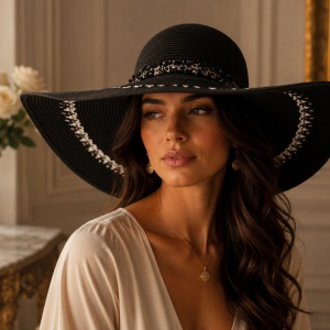 Pălărie de Vară Chic pentru Plajă și Vacanță Nuanta de Negru- ALB Deschis Design Dantelat