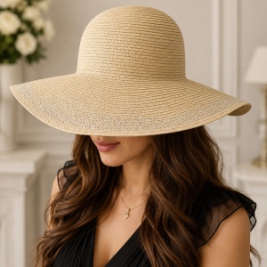 Pălărie Elegantă de Damă cu Boruri Largi și Accente Strălucitoare – Crem | Pălărie de Vară Chic pentru Plajă și Vacanță