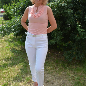 Pantalon alb de vara, model lung din material elastic, subtire - Img 2