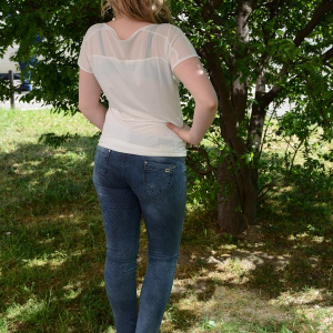 Pantalon bleumarin cu aspect de blug cambrat, design de buline - Img 2