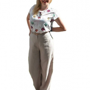 Pantalon lung, confortabil cu croi larg pe picior, din bumbac bej - Img 1