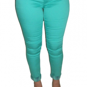 Pantaloni casual, turcoaz, cu pandativ auriu decorativ