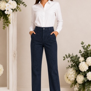 Pantaloni Damă Albastru Eleganți cu Model Texturat – Bumbac Elastic, Croială Clasică