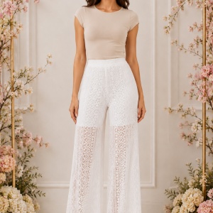 Pantaloni damă albi din dantelă, talie înaltă și croială dreaptă
