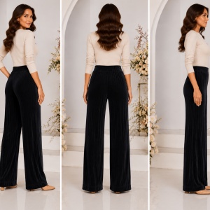 Pantaloni damă din catifea plisată neagră – croi drept, talie elastică - Img 2