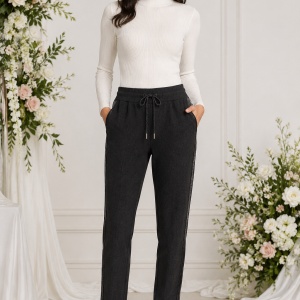 Pantaloni Damă Gri Elastici cu Bandă Laterală Decorativă și Talie Elastica cu Șnur