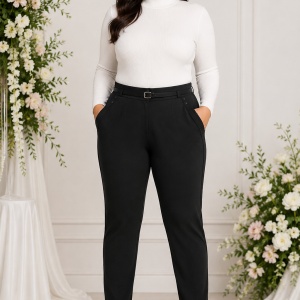Pantaloni Damă Negri Eleganți cu Curea și Detalii Decorative - Img 2
