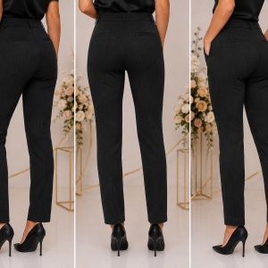Pantaloni damă negri eleganți cu dungi discrete și detaliu decorativ - Img 2