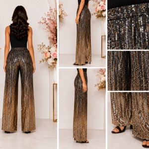 Pantaloni eleganți de damă cu paiete aurii și argintii, croială largă și talie elastică - Img 2