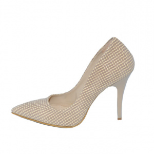 Pantof elegant cu toc inalt, tip stiletto, de culoare bej cu model - Img 1