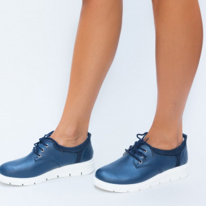 Pantof trendy cu siret si talpa usoara, din piele naturala bleumarin - Img 3