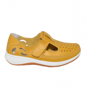 Pantofi damă galbeni din piele naturală cu perforații și închidere cu velcro