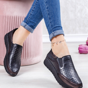 Pantofi sport damă negri din piele naturală cu perforații și talpă groasă - Img 3