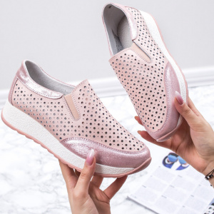 Pantofi sport damă roz din piele naturală cu perforații și talpă groasă - Img 4