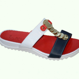 Papuc fashion din piele, culoare alb-bleumarin-rosu, decor auriu - Img 4