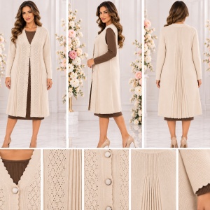 Poncho Damă Lungă Crem din Lână și Acrilic – Model Tricotat Elegant cu Nasturi si cristale fine - Img 3