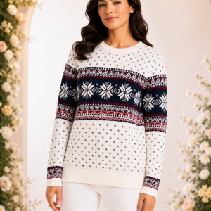 Pulover Damă Alb cu Fulgi Bleumarin – Model Nordic de Iarnă