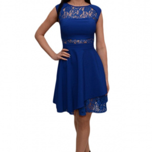 Rochie albastra cu dantela, croi evazat, model elegant, de ocazie - Img 1