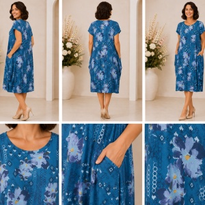 Rochie Albastru Petrol cu Imprimeu Floral – Croială Lejeră și Buzunare - Img 2