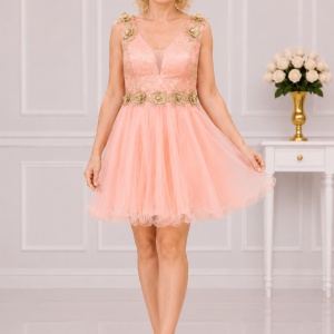 Rochie baby-doll din tul si dantela cu flori aurii 3D aplicate
