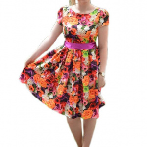 Rochie caasual cu design de flori multicolore si cordon din saten - Img 1