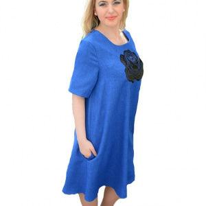 Rochie casual de culoare albastra, model evazat cu buzunare - Img 1