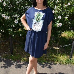 Rochie casual din in croi fronsat pe talie , nuanta de bleumarin - Img 3