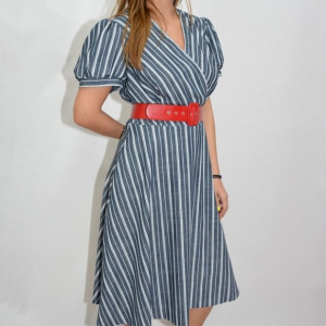 Rochie casual, in nuanta de bleumarin, cu dungi fine albe - Img 2