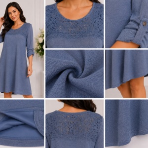Rochie casual Leylla din tricot cu insertii de broderie ,nuanta de albastru - Img 3