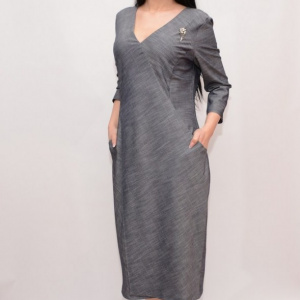 Rochie chic cu buzunare apretate si decolteu in V, nuanta de gri - Img 5