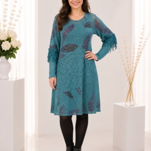 Rochie chic de dama cu croi lejer si maneca lunga, nuanta turcoaz