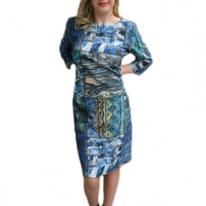 Rochie comoda de zi cu imprimeu nonfigurativ in nuante turcoaz - Img 1