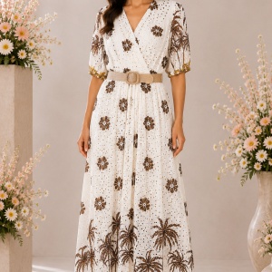 Rochie damă alb-crem din 100% bumbac, cu imprimeu tropical maro, broderie perforată și curea bej