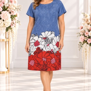 Rochie damă albastră cu imprimeu floral roșu, croială elegantă