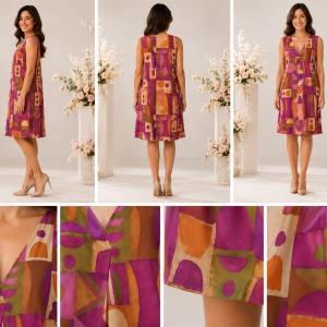 Rochie damă cu imprimeu geometric multicolor și decolteu în V - Img 2