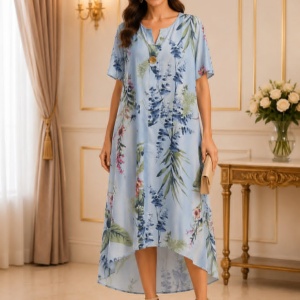 Rochie damă lejeră albastru cu imprimeu floral și croială vaporoasă - Img 3