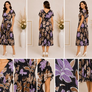 Rochie damă neagră cu imprimeu floral lila și maro – Croială elegantă cu talie evidențiată - Img 2