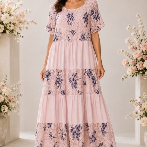Rochie damă roz pudrat cu imprimeu floral și croială în volane