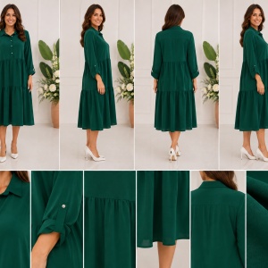 Rochie damă verde smarald midi, cu croială lejeră și volane - Img 2