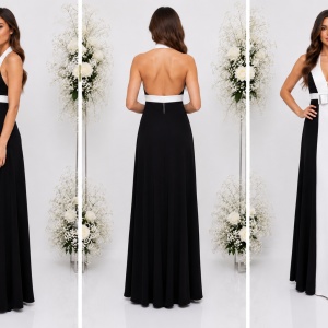 Rochie de gala bicolora, negru-alb, saten fin, bretele dupa gat - Img 3