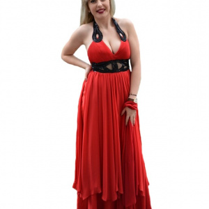Rochie de gala moderna, in nuanta de rosu aprins, cu insertii negre - Img 1
