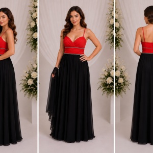 Rochie de gala tinereasca, moderna, din voal negru si satin rosu - Img 3