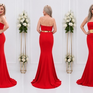 Rochie de gala tip sirena, de culoare rosie cu detaliu auriu - Img 3