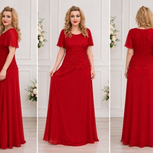 Rochie de ocazie, de culoare rosie, din voal si dantela brodata - Img 3