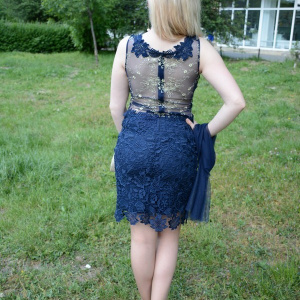 Rochie de ocazie din dantela si tul bleumarin, model cambrat - Img 6