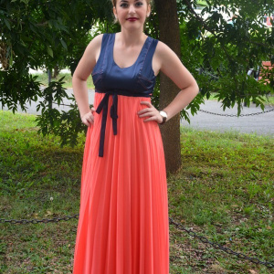 Rochie de ocazie, frumoasa, combinatie de corai cu bleumarin, lunga - Img 2